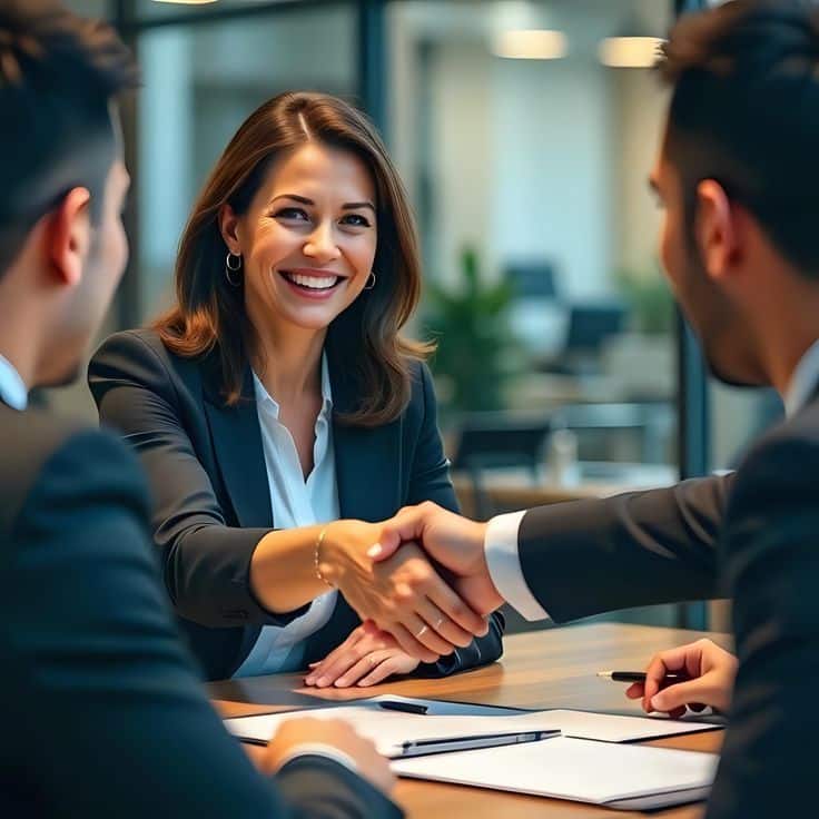 _ Businesswoman shaking hands with two men in a conference room, smiling and closing a deal, teamwork, success, collaboration, partnership. | Sky Rye Design Businesswoman shaking hands with two men in a conference room, smiling and closing a deal, teamwork, success, collaboration, partnership.