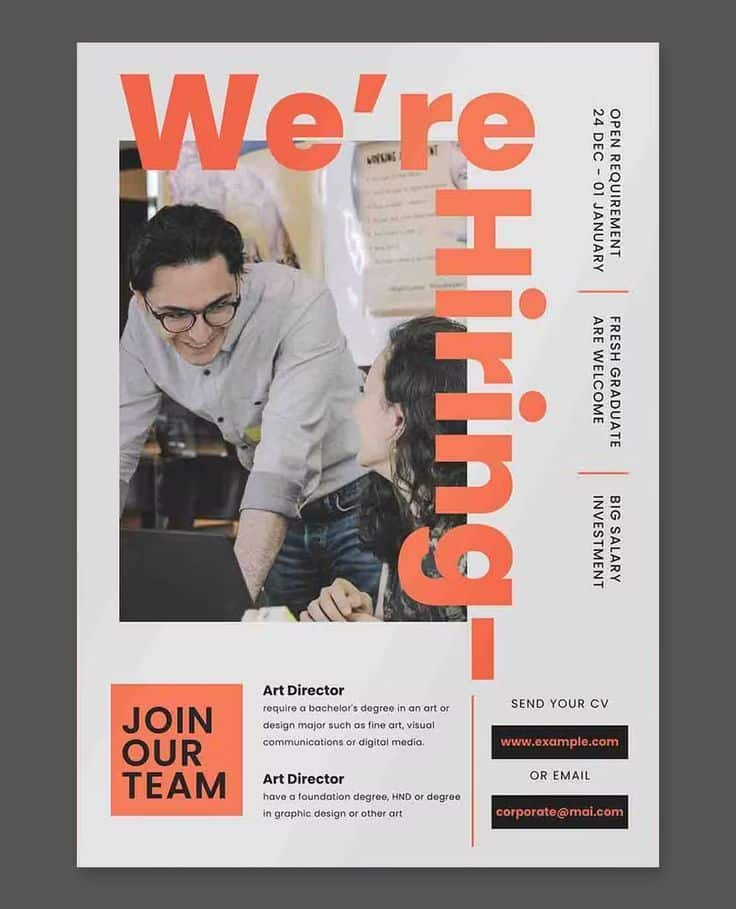 Hiring poster for art director position. Apply now, fresh graduates welcome. Send CV via website or email. Join our team today!