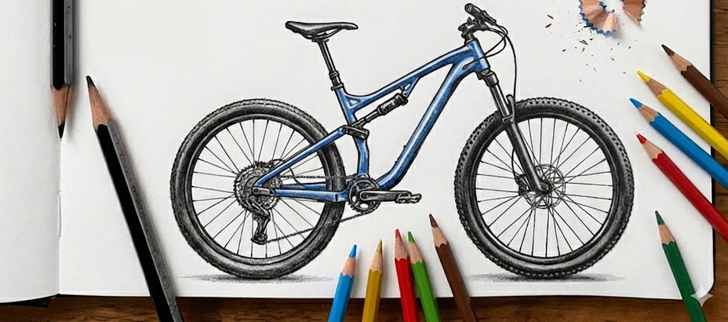 Colored pencils surround a detailed sketch of a blue mountain bike on an open sketchbook, showcasing artistic creativity and design.
