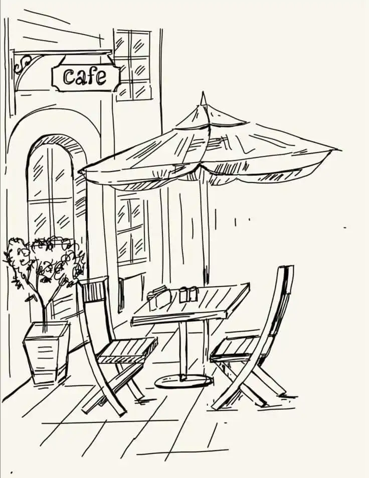 Illustration of a cozy café patio with table, chairs, and umbrella, perfect for outdoor dining or coffee in a charming setting.