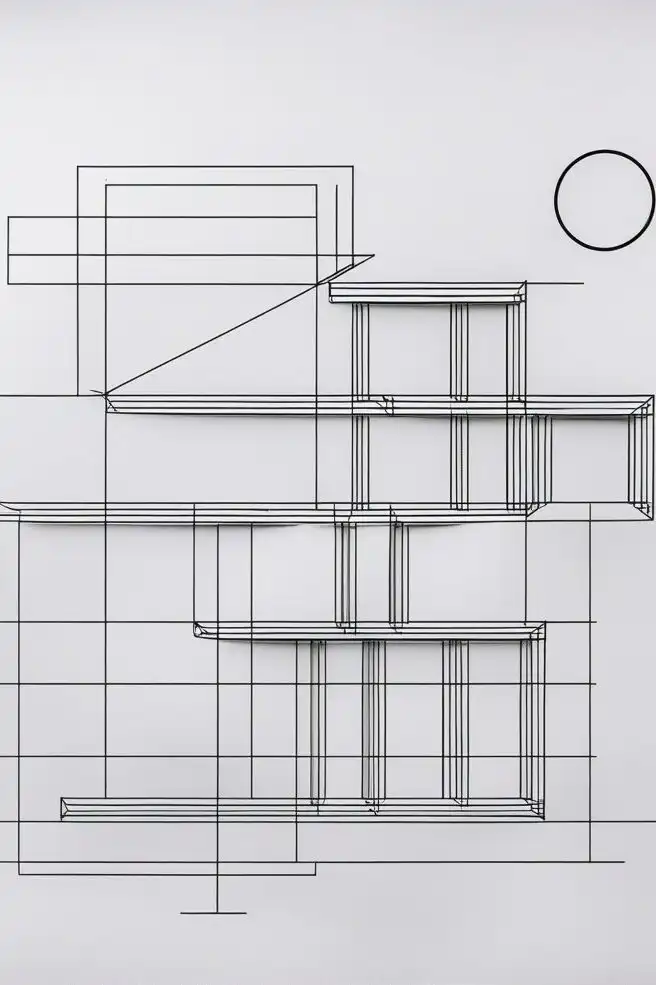 Abstract architectural design with black-lined geometric shapes and a circle on white paper, showcasing modern art and structural planning.