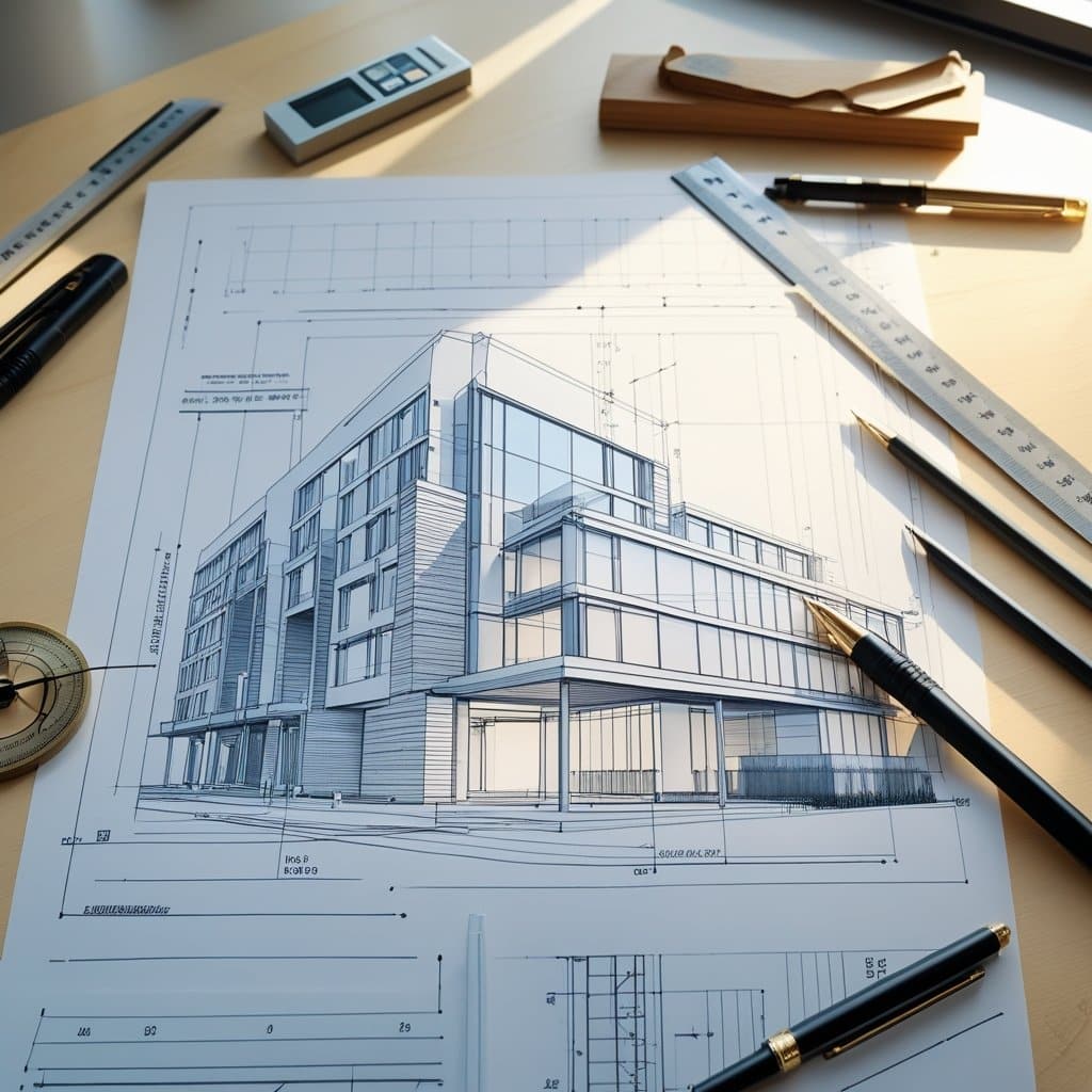 Architectural blueprint of a modern building on a desk with pens, ruler, and measuring tools, bathed in sunlight.