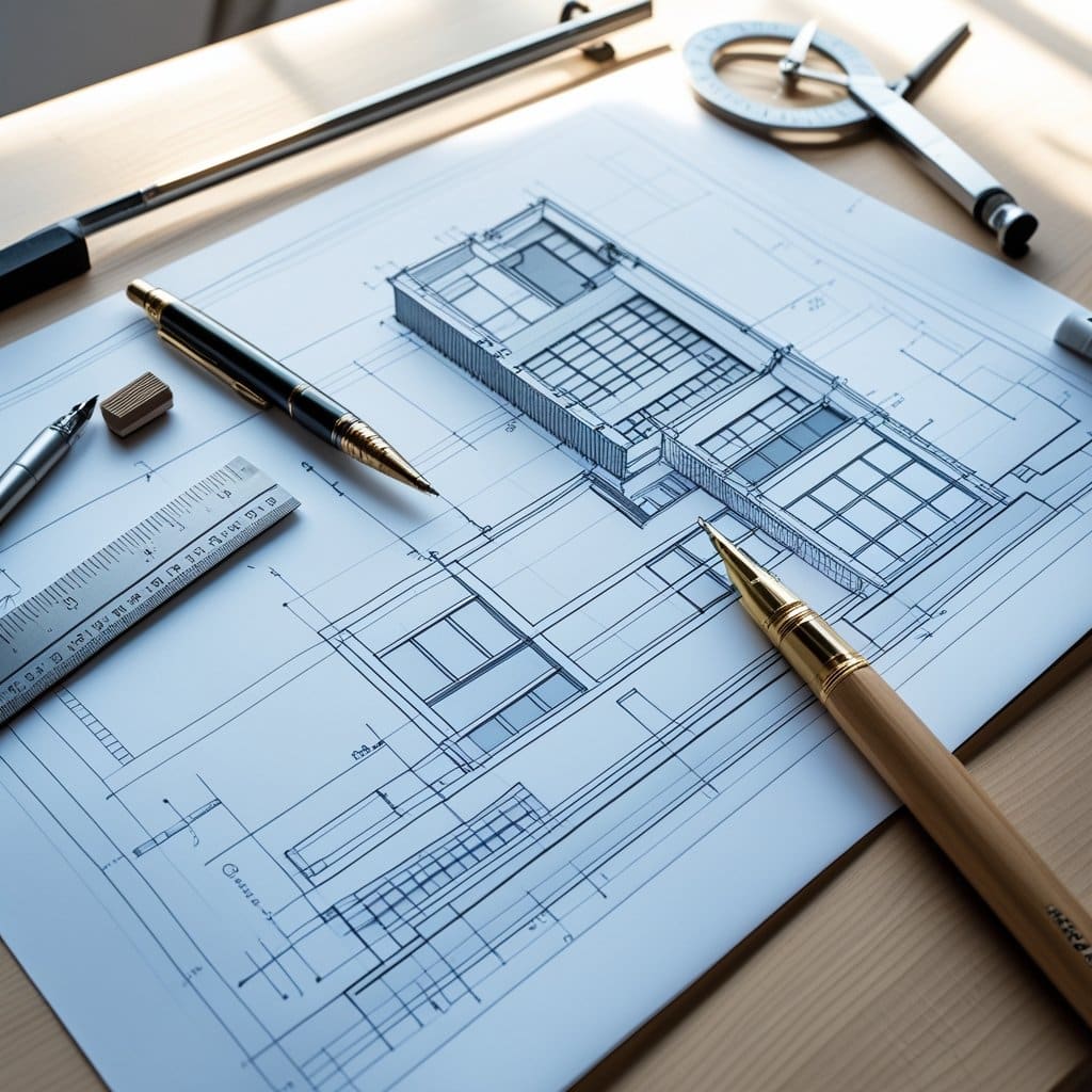 Architectural blueprint on a desk with pens, a ruler, and a compass, highlighting precision in modern building design planning.