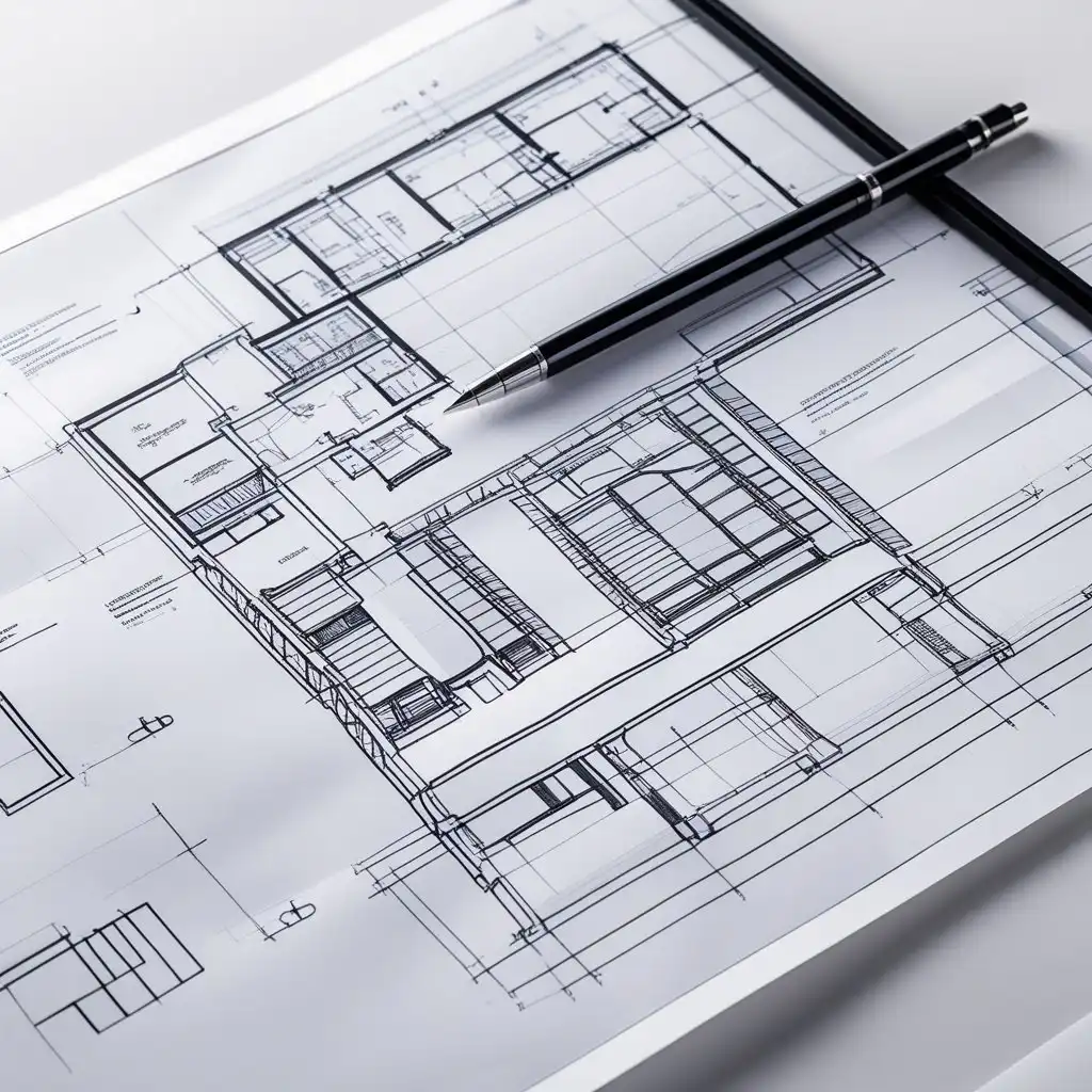Architectural blueprint with a pen on top, showcasing detailed building plans, emphasizing precision and modern design concepts.