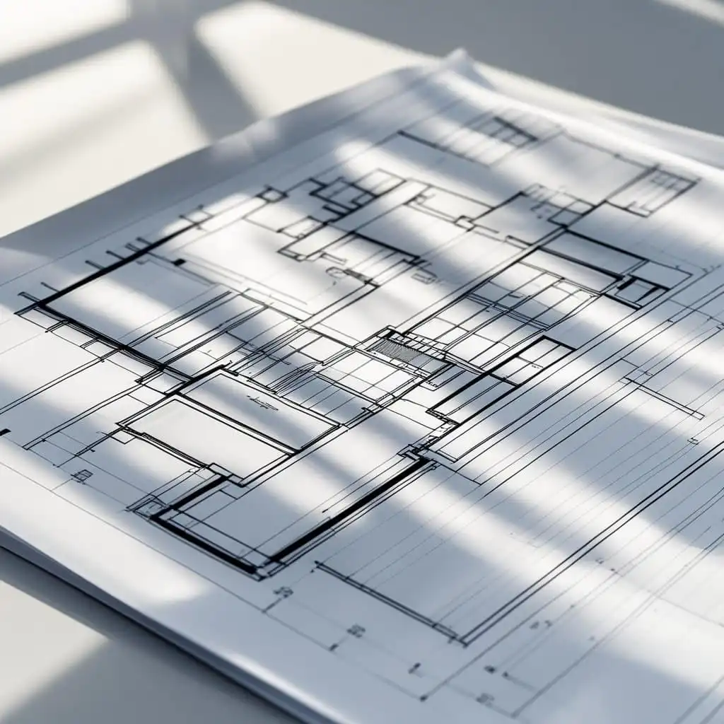 Architectural blueprint with shadow patterns, showcasing detailed floor plan design under sunlight, highlighting precision and planning.