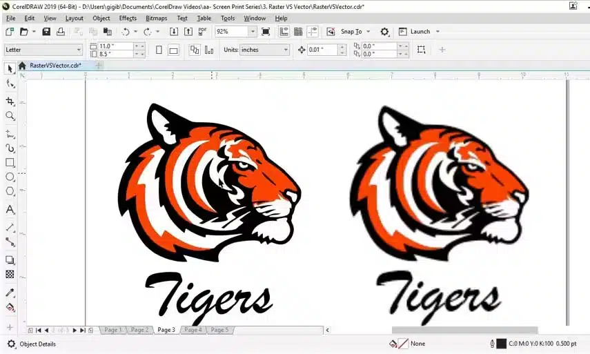 video-screen Vector vs raster tiger design comparison in CorelDRAW 2019, featuring two tiger illustrations with the word Tigers below each. | Sky Rye Design Vector vs raster tiger design comparison in CorelDRAW 2019, featuring two tiger illustrations with the word Tigers below each.