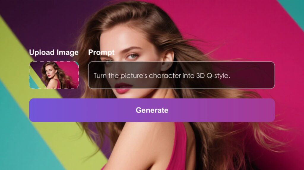Stylish woman with flowing hair in front of a vibrant background, overlay text says, Turn the picture's character into 3D Q-style.