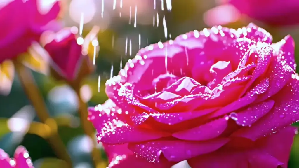 video1 Close-up of a vibrant pink rose with water droplets glistening in sunlight, capturing the essence of freshness and natural beauty. | Sky Rye Design Close-up of a vibrant pink rose with water droplets glistening in sunlight, capturing the essence of freshness and natural beauty.