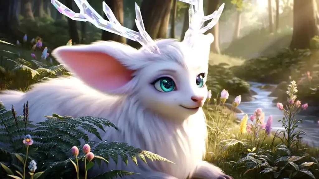 video2-1 A cute, mystical creature with crystal antlers and big blue eyes rests in a sunlit forest, surrounded by vibrant flowers and greenery. | Sky Rye Design A cute, mystical creature with crystal antlers and big blue eyes rests in a sunlit forest, surrounded by vibrant flowers and greenery.