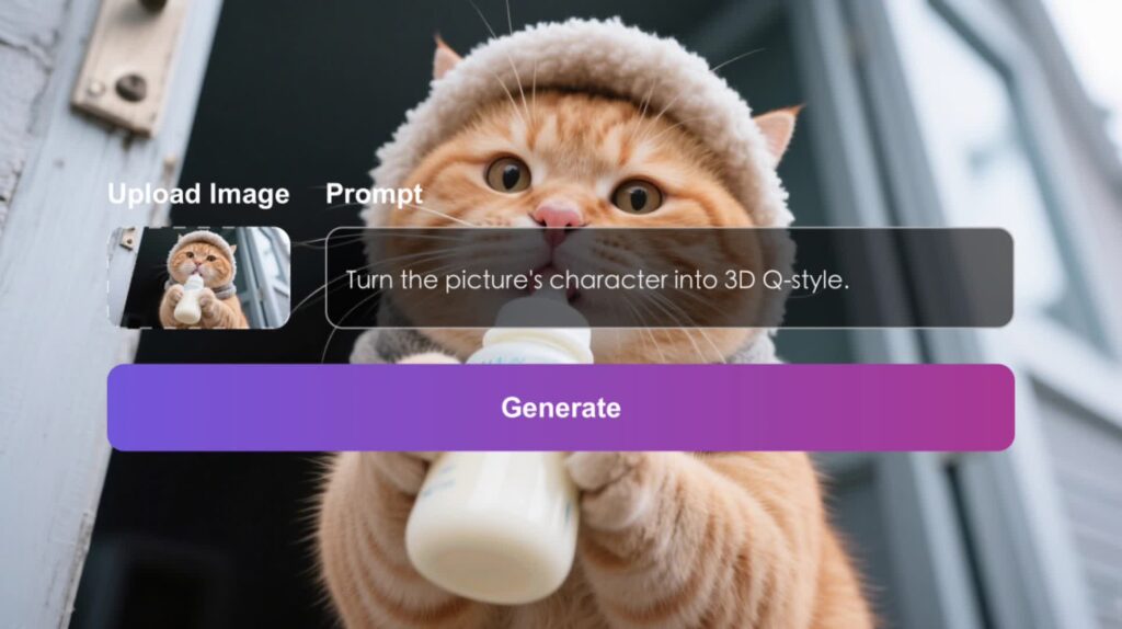 video2 A cute ginger cat in a cozy hat holds a milk bottle, with overlay text prompting 3D Q-style transformation. | Sky Rye Design A cute ginger cat in a cozy hat holds a milk bottle, with overlay text prompting 3D Q-style transformation.