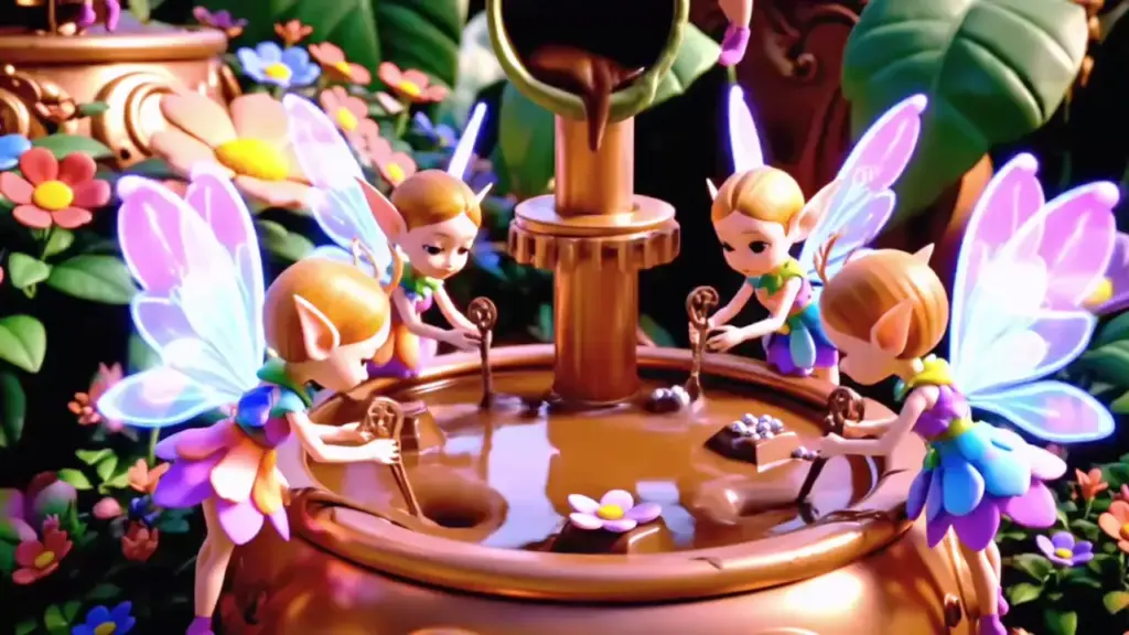 video2 Four colorful fairies with glowing wings swirl chocolate in a whimsical garden setting, surrounded by vibrant flowers and greenery. | Sky Rye Design Four colorful fairies with glowing wings swirl chocolate in a whimsical garden setting, surrounded by vibrant flowers and greenery.