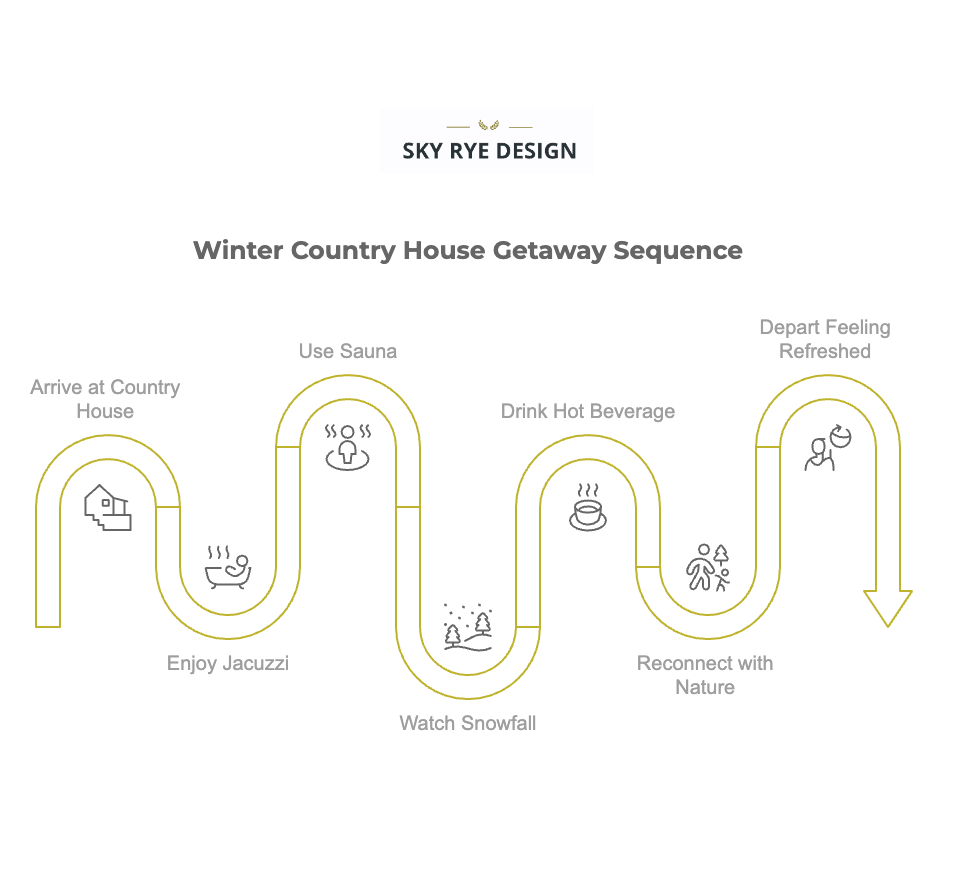 Winter getaway sequence: arrive, enjoy jacuzzi, use sauna, watch snowfall, drink hot beverage, reconnect with nature, depart refreshed.