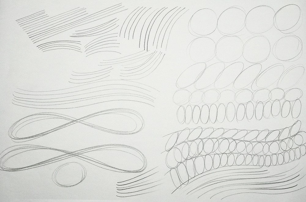 warm-up-lines-ellipses Various pencil sketches of lines, loops, and circles on paper for drawing practice, focusing on improving hand control and precision. | Sky Rye Design Various pencil sketches of lines, loops, and circles on paper for drawing practice, focusing on improving hand control and precision.