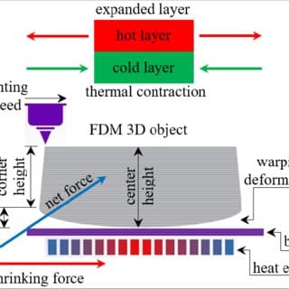 Diagram illustrating the thermal contraction and warping in FDM 3D printing, highlighting hot and cold layers, forces, and deformation effects.