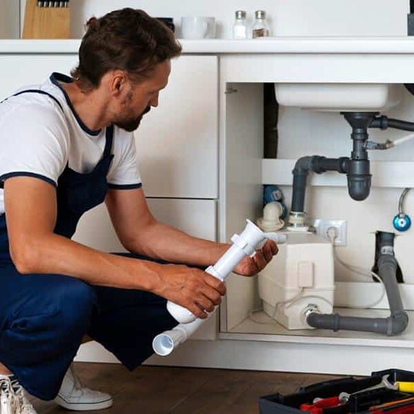 what-is-a-cleanout-in-plumbing Plumber fixing kitchen sink pipes with tools; man in uniform inspecting plumbing system under cabinet for repairs. | Sky Rye Design Plumber fixing kitchen sink pipes with tools; man in uniform inspecting plumbing system under cabinet for repairs.
