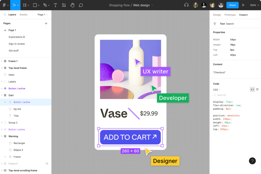 UI design mockup showcasing a shopping page for a vase priced at .99, with Add to Cart button and design role annotations.
