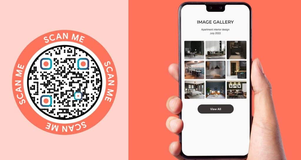 what-is-image-qr-code Hand holds smartphone displaying apartment interior design gallery; QR code invites scanning for more. | Sky Rye Design Hand holds smartphone displaying apartment interior design gallery; QR code invites scanning for more.