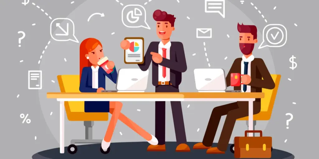 what-is-the-purpose-of-marketing Illustration of three professionals in a meeting, discussing data with laptops and graphs, surrounded by business icons. | Sky Rye Design Illustration of three professionals in a meeting, discussing data with laptops and graphs, surrounded by business icons.