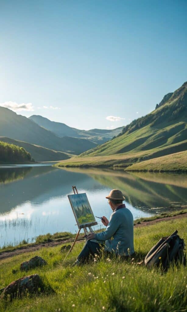 Artist painting a serene lakeside landscape on a sunny day, surrounded by mountains and greenery, capturing nature's beauty.