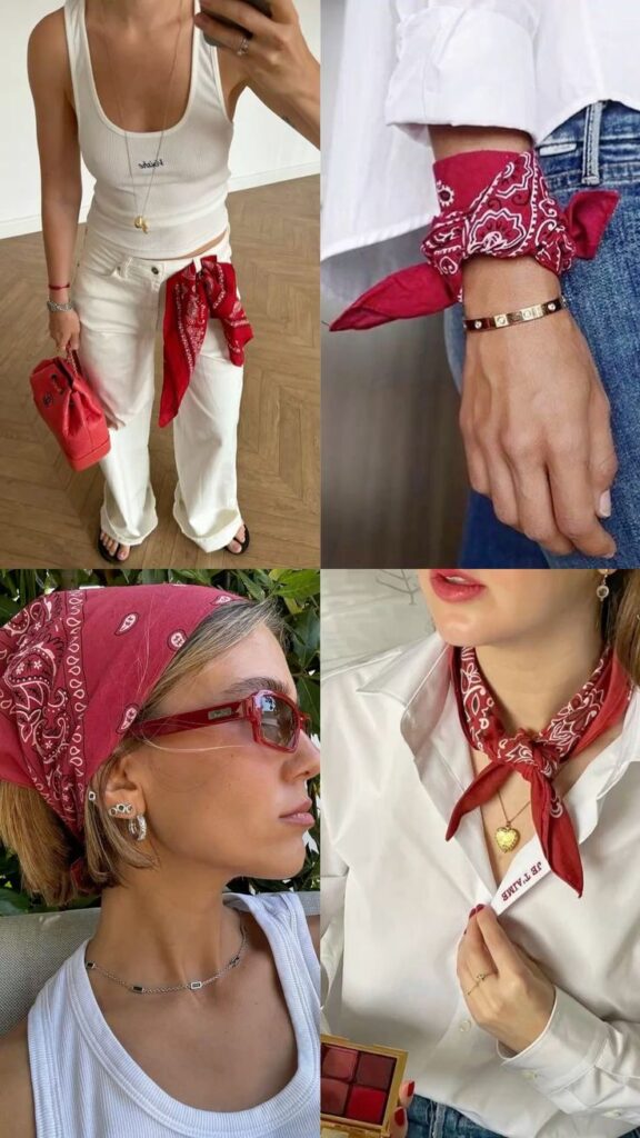 Бандана как аксессуар Fashionable red bandana styles: wrist, neck, head accessories, paired with chic outfits and jewelry for a trendy, modern look. | Sky Rye Design Fashionable red bandana styles: wrist, neck, head accessories, paired with chic outfits and jewelry for a trendy, modern look.