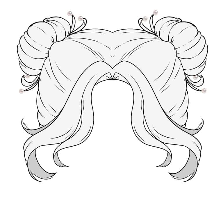 Без названия Line art hairstyle with twin buns adorned with pearls, featuring flowing side strands for a stylish and elegant look. | Sky Rye Design Line art hairstyle with twin buns adorned with pearls, featuring flowing side strands for a stylish and elegant look.