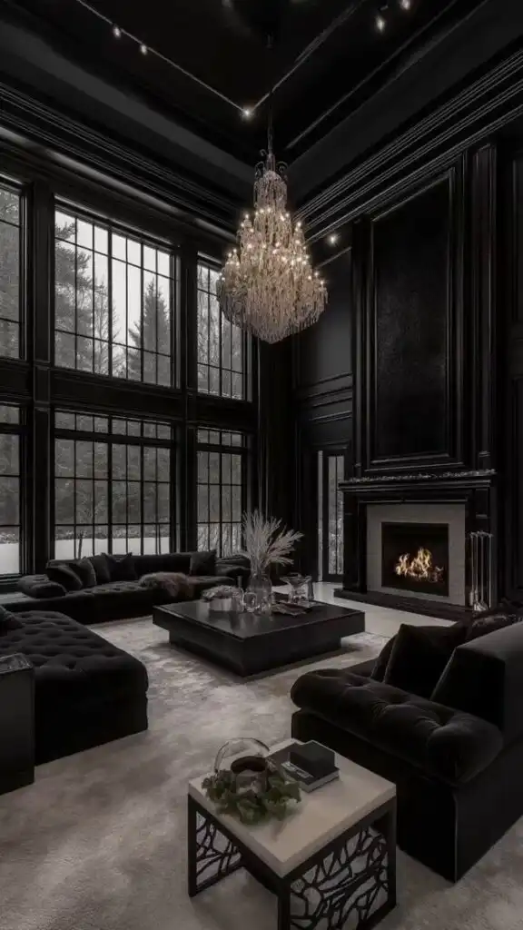 Luxurious black living room with chandelier, large windows, plush sofas, and a cozy fireplace, creating an elegant and modern ambiance.