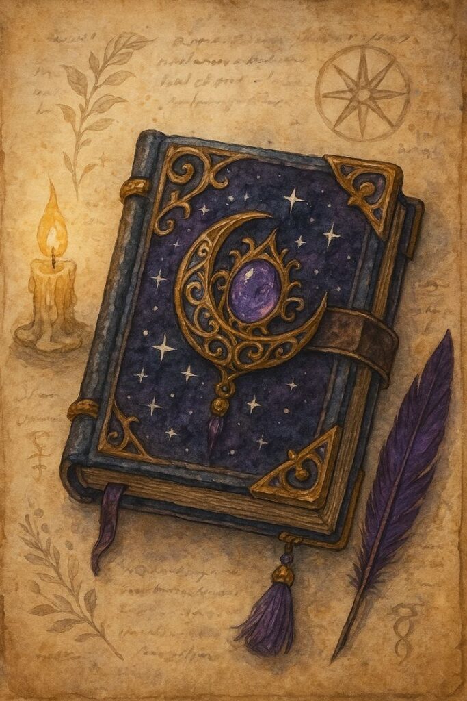 Гримуар Сумеречной божественности фэнтези арт иллюстрация акварель Vintage mystical book with ornate cover, purple gem, crescent moon design. Surrounded by candlelight on ancient parchment, purple quill nearby. | Sky Rye Design Vintage mystical book with ornate cover, purple gem, crescent moon design. Surrounded by candlelight on ancient parchment, purple quill nearby.