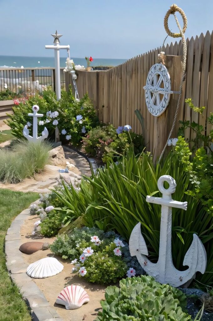 Nautical garden decor with anchors and seashells by a wooden fence, overlooking a scenic ocean backdrop on a sunny day.