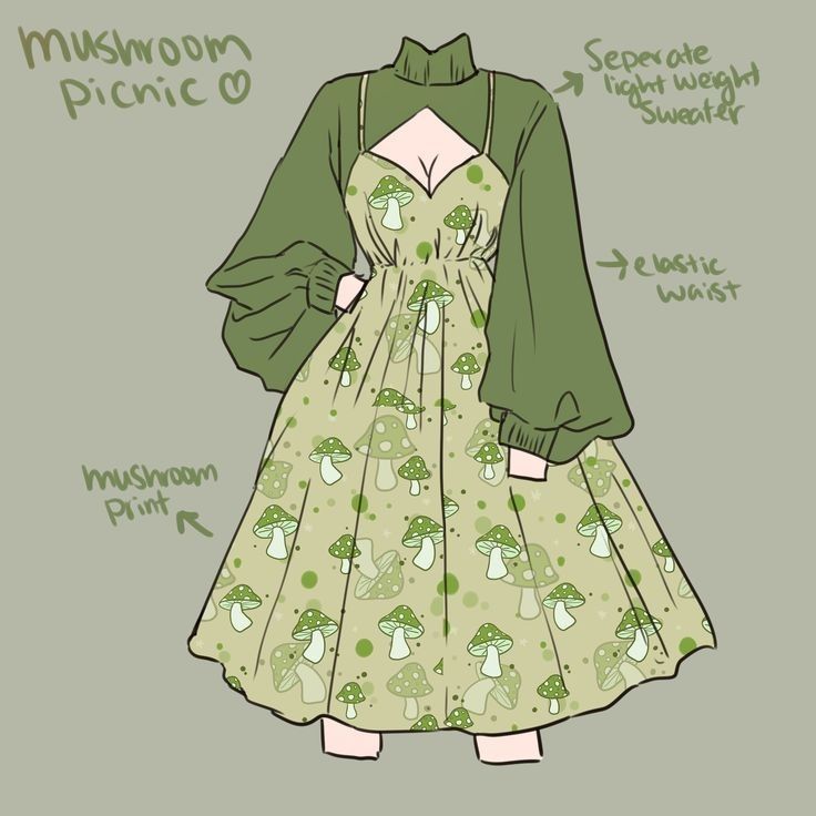 Забирай схему и вдохновляйся Illustration of a green dress with mushroom print, featuring a separate lightweight sweater and elastic waist, labeled mushroom picnic. | Sky Rye Design Illustration of a green dress with mushroom print, featuring a separate lightweight sweater and elastic waist, labeled mushroom picnic.