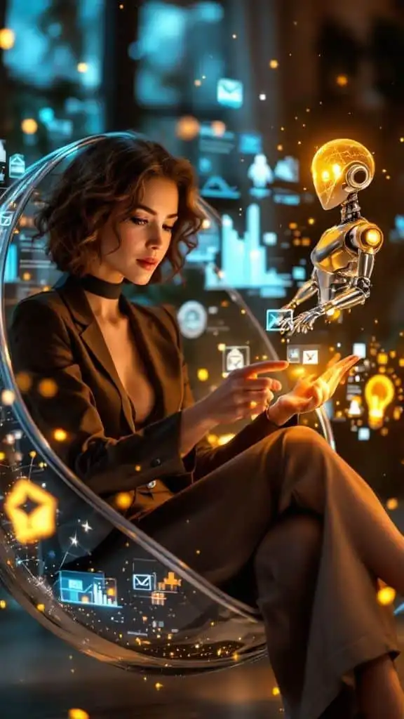 Woman interacts with futuristic AI hologram, surrounded by glowing digital icons and data visualizations in a modern setting.