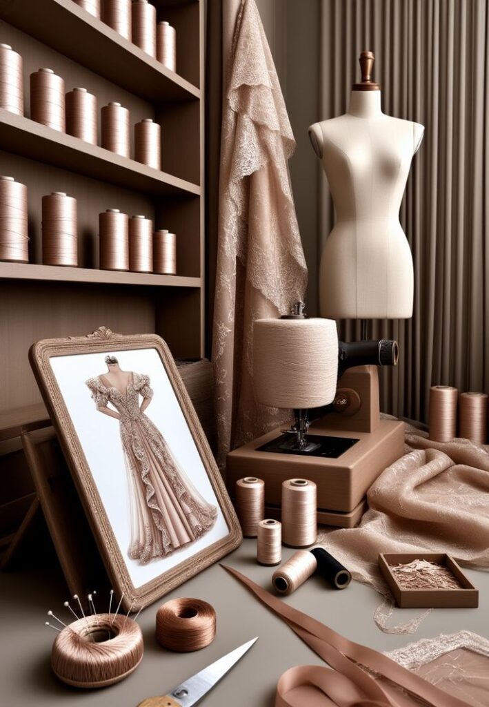 ЛУСАНЕ 👗 Fashion design studio with lace fabric, sewing machine, mannequin, and elegant gown sketch. Spools of thread and scissors nearby. | Sky Rye Design Fashion design studio with lace fabric, sewing machine, mannequin, and elegant gown sketch. Spools of thread and scissors nearby.
