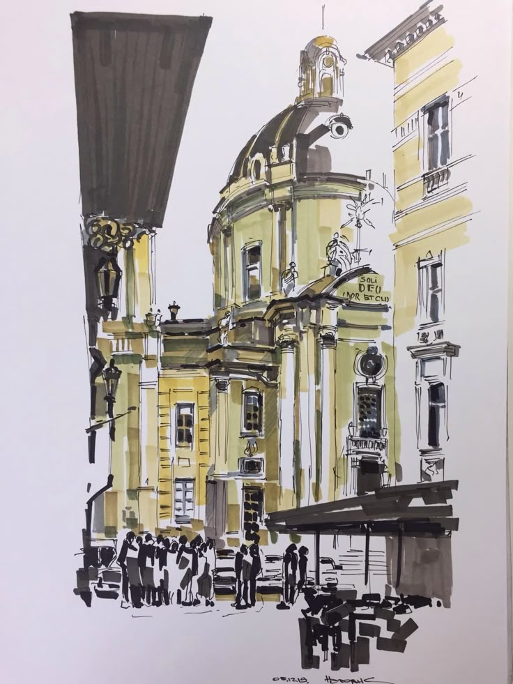 Львов Sketched illustration of a Baroque-style church with a dome, surrounded by people and nearby buildings, showcasing architectural detail. | Sky Rye Design Sketched illustration of a Baroque-style church with a dome, surrounded by people and nearby buildings, showcasing architectural detail.