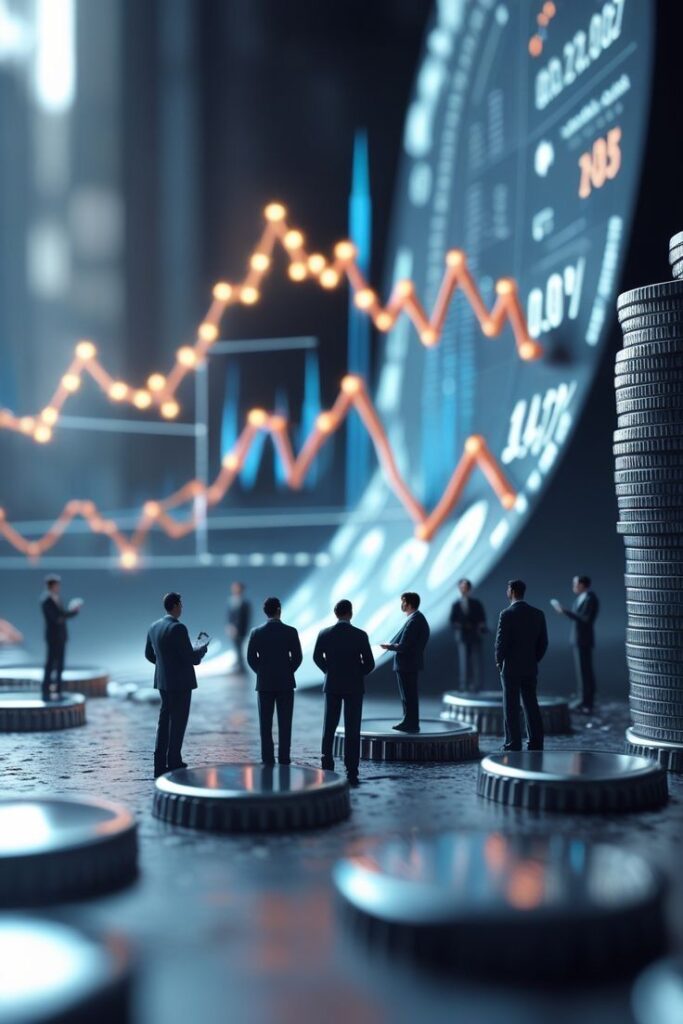 Люди Men in suits standing on coins against a backdrop of financial graphs and data, symbolizing investment and economic growth. | Sky Rye Design Men in suits standing on coins against a backdrop of financial graphs and data, symbolizing investment and economic growth.
