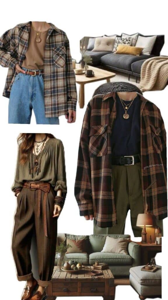 Collage of cozy fashion with plaid shirts and earthy tones, complemented by inviting living room decor featuring neutral furnishings.