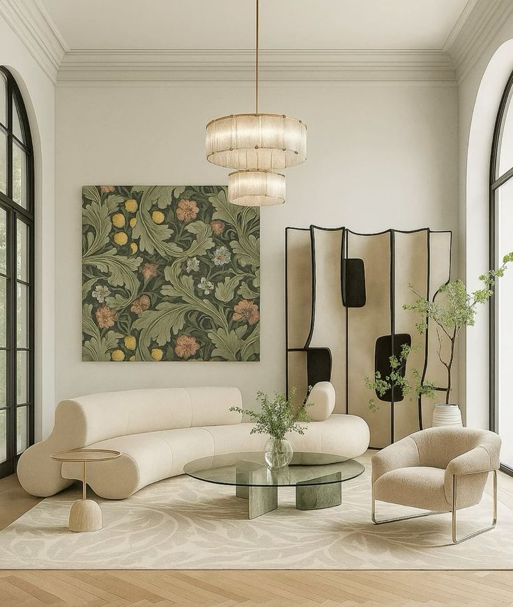Modern living room with curved sofa, floral wall art, and glass table, featuring a neutral palette and large windows for natural light.