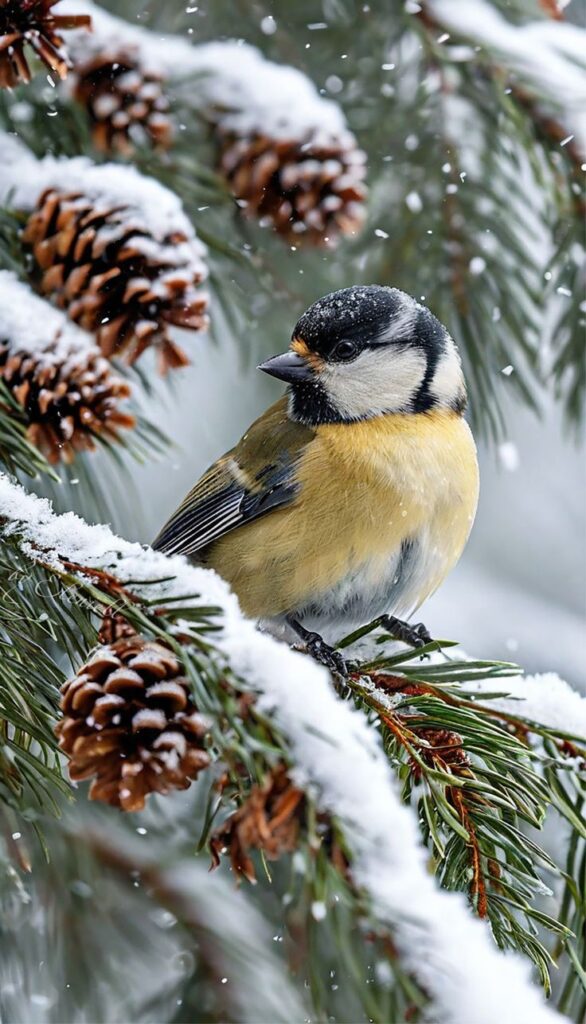 Синица Small bird perched on snow-covered pine branch with cones, surrounded by falling snow. Winter wildlife scene capturing nature's beauty. | Sky Rye Design Small bird perched on snow-covered pine branch with cones, surrounded by falling snow. Winter wildlife scene capturing nature's beauty.