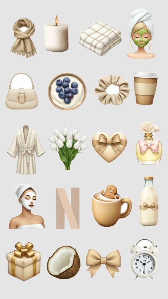 Скачать набор в телеграм канале↓ Cozy lifestyle icons: scarf, candle, blanket, face masks, coffee, bag, yogurt, scrunchie, robe, tulips, heart, gift, and clock. | Sky Rye Design Cozy lifestyle icons: scarf, candle, blanket, face masks, coffee, bag, yogurt, scrunchie, robe, tulips, heart, gift, and clock.