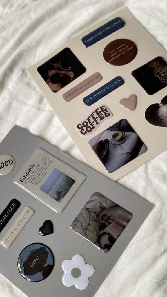 Стикеры темная эстетика наклейки Decorative stickers on a sheet with coffee and relaxation themes, featuring text and images of coffee cups and hearts. | Sky Rye Design Decorative stickers on a sheet with coffee and relaxation themes, featuring text and images of coffee cups and hearts.