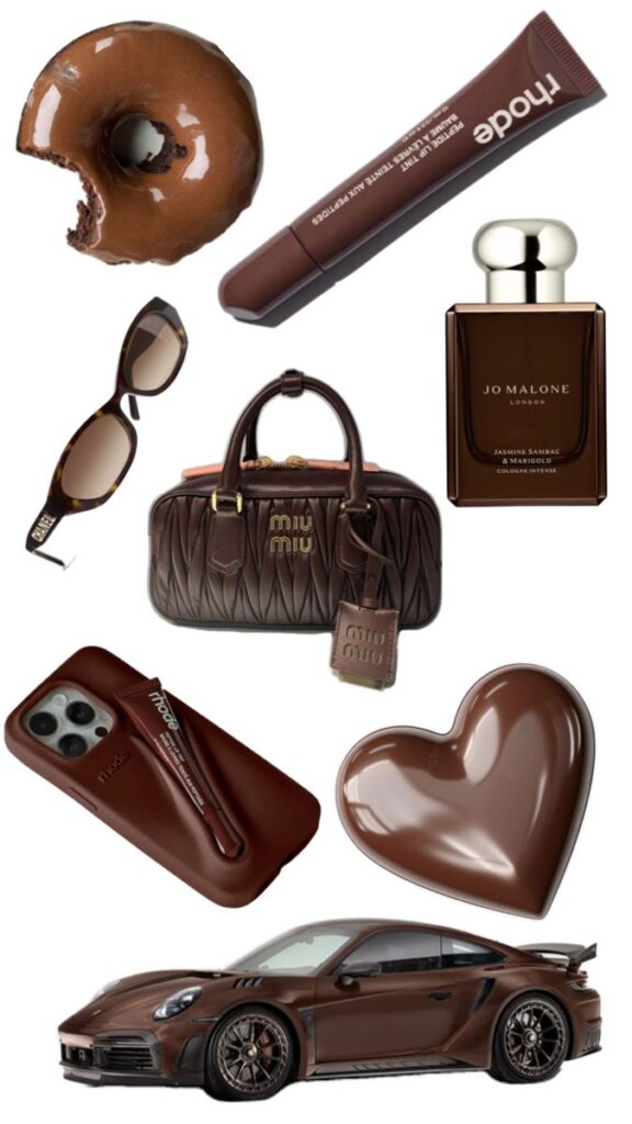 артикул на WB 366835402 Assorted chocolate-themed luxury items including a doughnut, cosmetics, sunglasses, handbag, perfume, phone case, heart, and sports car. | Sky Rye Design Assorted chocolate-themed luxury items including a doughnut, cosmetics, sunglasses, handbag, perfume, phone case, heart, and sports car.