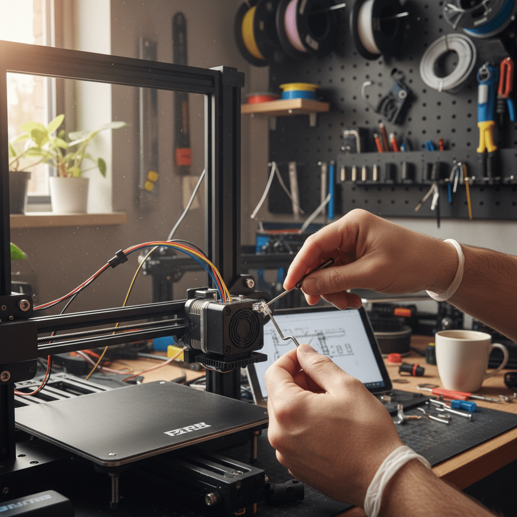 Hands repairing a 3D printer in a workshop, with tools and laptop nearby. Perfect for content on DIY, technology, and 3D printing.