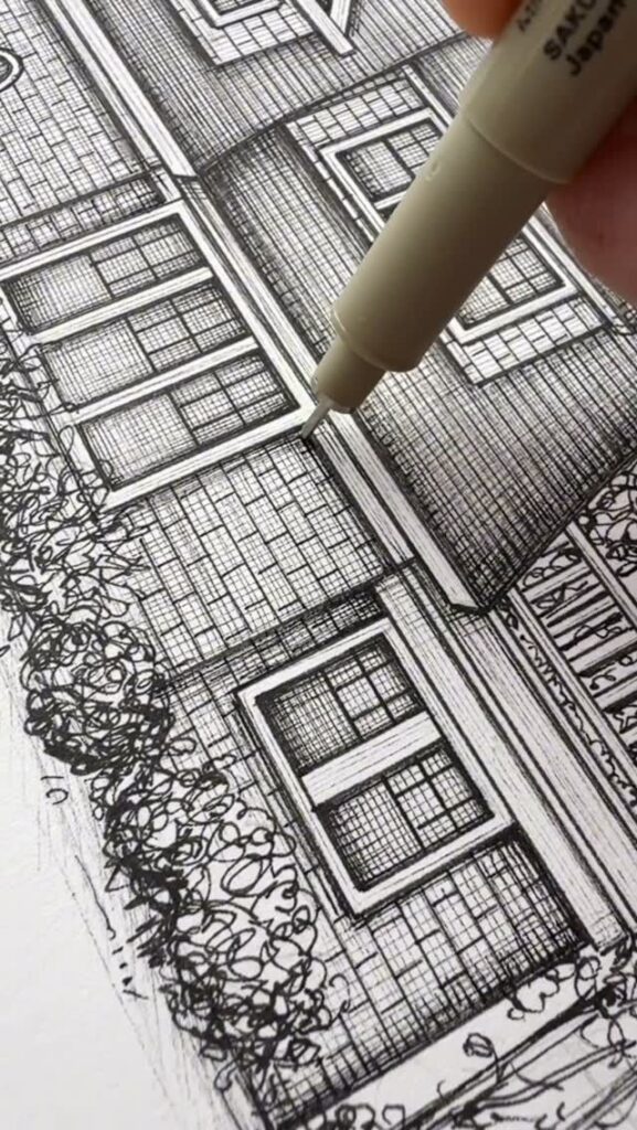чартчата Artist drawing intricate house details with a fine ink pen, showcasing architectural line art and creative sketching skills. | Sky Rye Design Artist drawing intricate house details with a fine ink pen, showcasing architectural line art and creative sketching skills.