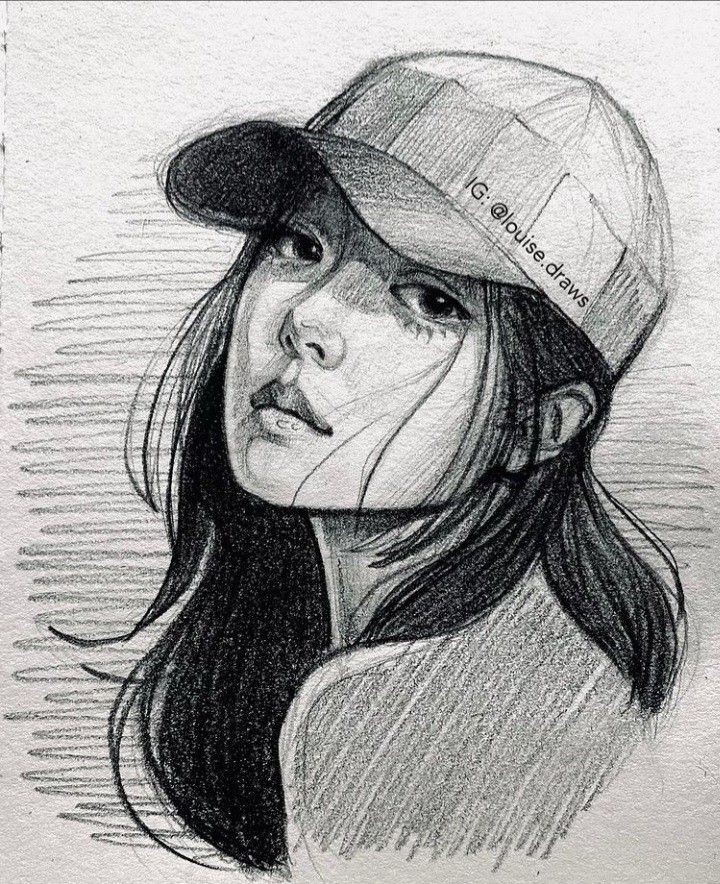 ♡ 1 Pencil sketch of a woman with long hair wearing a cap, created by artist louise.draws on Instagram. | Sky Rye Design Pencil sketch of a woman with long hair wearing a cap, created by artist louise.draws on Instagram.