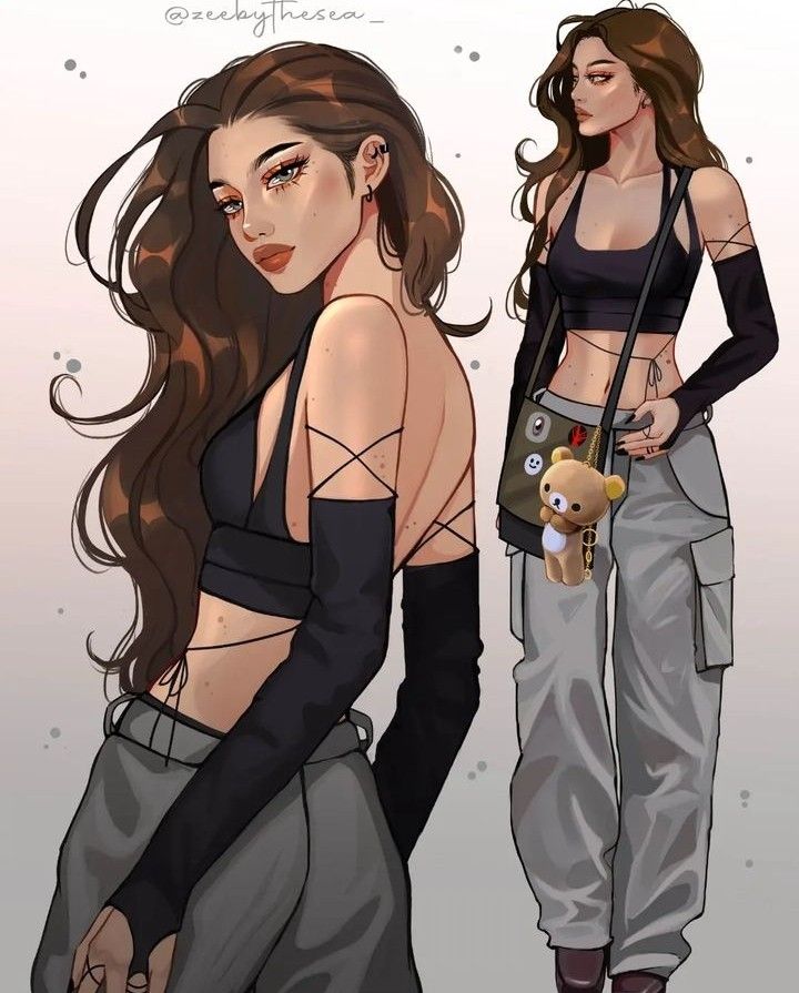 ♡ Stylish anime girl with long hair in casual outfit and bear keychain. Art by @zeebythesea. Trendy fashion illustration. | Sky Rye Design Stylish anime girl with long hair in casual outfit and bear keychain. Art by @zeebythesea. Trendy fashion illustration.