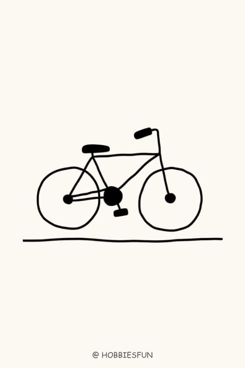 ✒️70 Cool Easy Drawing Ideas For Beginners Simple black line drawing of a bicycle on a plain background, showcasing minimalistic art style with emphasis on basic bike structure. | Sky Rye Design Simple black line drawing of a bicycle on a plain background, showcasing minimalistic art style with emphasis on basic bike structure.