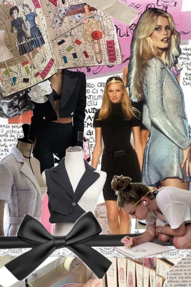 ✧Designers Moodboard✧ Vintage fashion collage featuring sketchbook, mannequin, runway models, and sewing elements, reflecting creativity and style evolution. | Sky Rye Design Vintage fashion collage featuring sketchbook, mannequin, runway models, and sewing elements, reflecting creativity and style evolution.