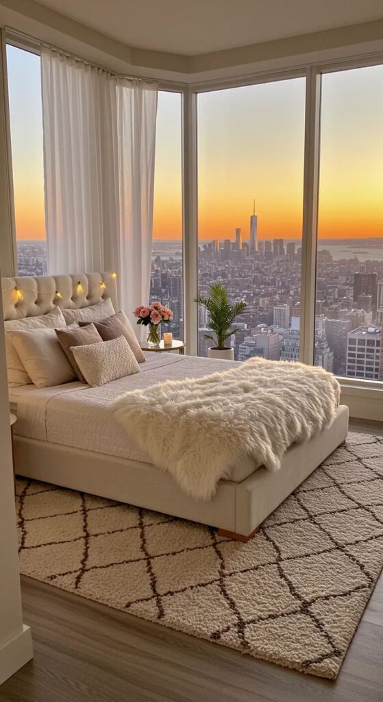 ✨ Golden Hour Cityscape Bedroom 🤍 Cozy bedroom with city skyline view, featuring a plush bed, fairy lights, and floor-to-ceiling windows at sunset. Serene and stylish ambiance. | Sky Rye Design Cozy bedroom with city skyline view, featuring a plush bed, fairy lights, and floor-to-ceiling windows at sunset. Serene and stylish ambiance.