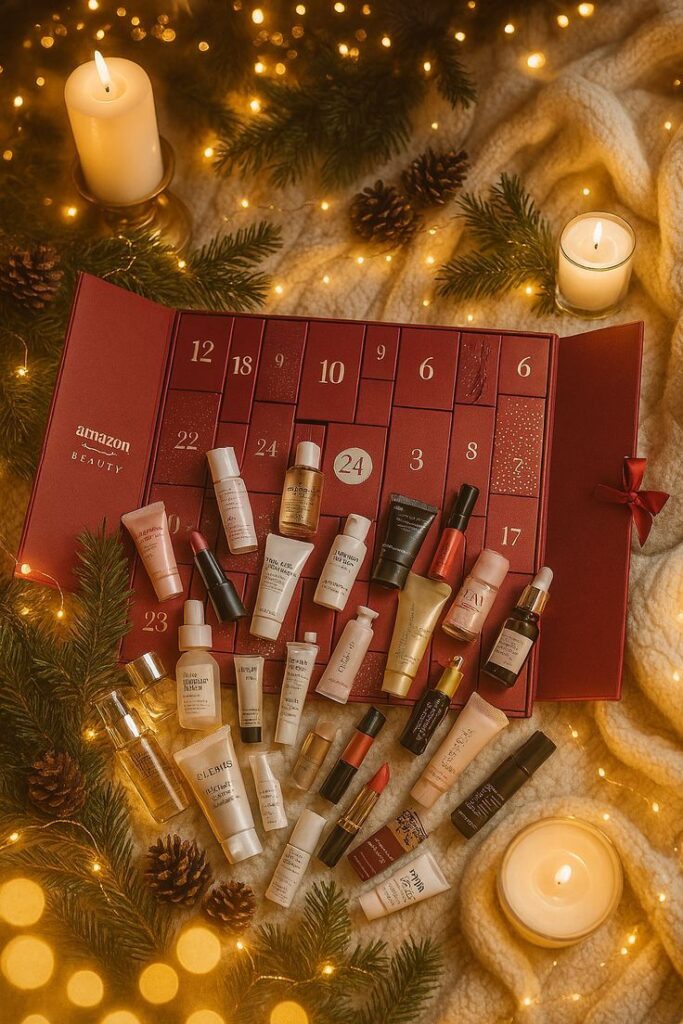 Holiday beauty advent calendar with candles and festive lights, displaying various skincare and makeup products on a cozy background. Advent Calendars