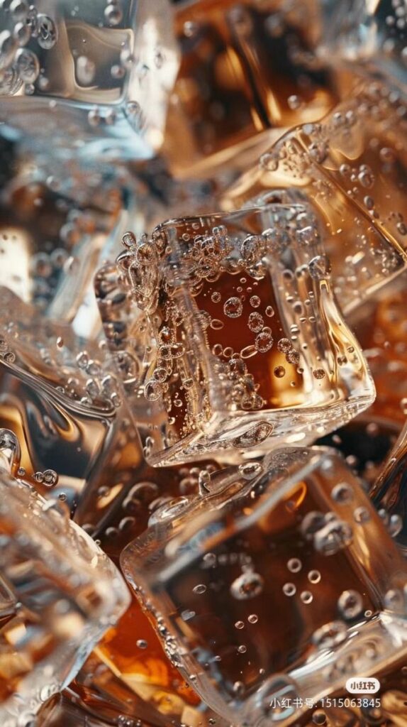 可乐冰块 Close-up of ice cubes in a fizzy drink with bubbles, creating a refreshing and cool beverage effect. | Sky Rye Design Close-up of ice cubes in a fizzy drink with bubbles, creating a refreshing and cool beverage effect.