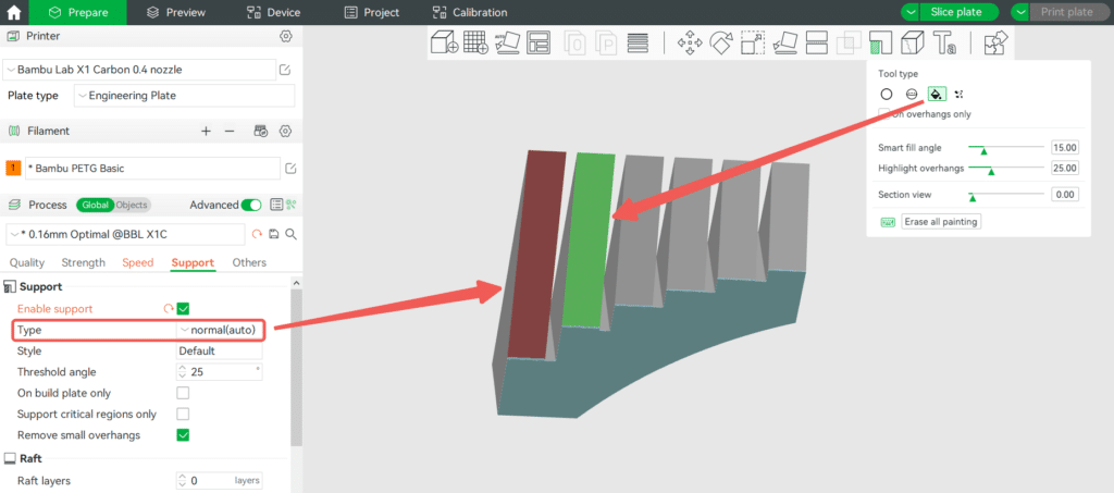 3D printer settings interface showing support options with highlighted overhang tool in Bambu Lab software.