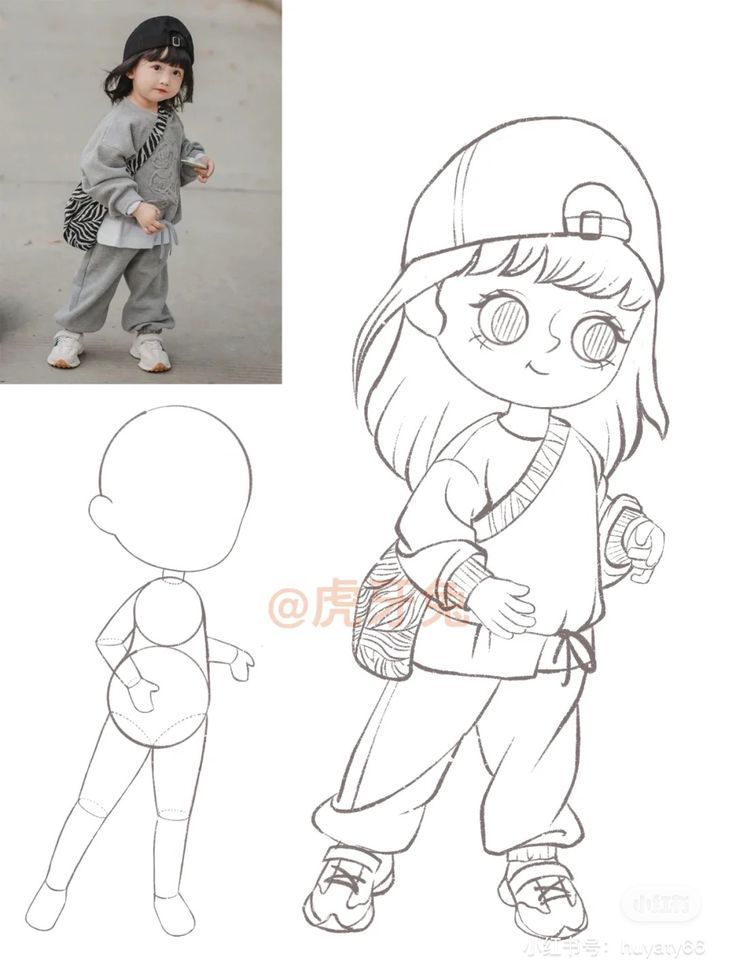 转发 __ Child in a gray tracksuit and cap, with matching cartoon drawing and outline, showcasing fashion inspiration and art style. | Sky Rye Design Child in a gray tracksuit and cap, with matching cartoon drawing and outline, showcasing fashion inspiration and art style.